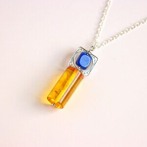 Handmade Amber & Lapis Lazuli Pendant Necklace – 16” Silver Chain
